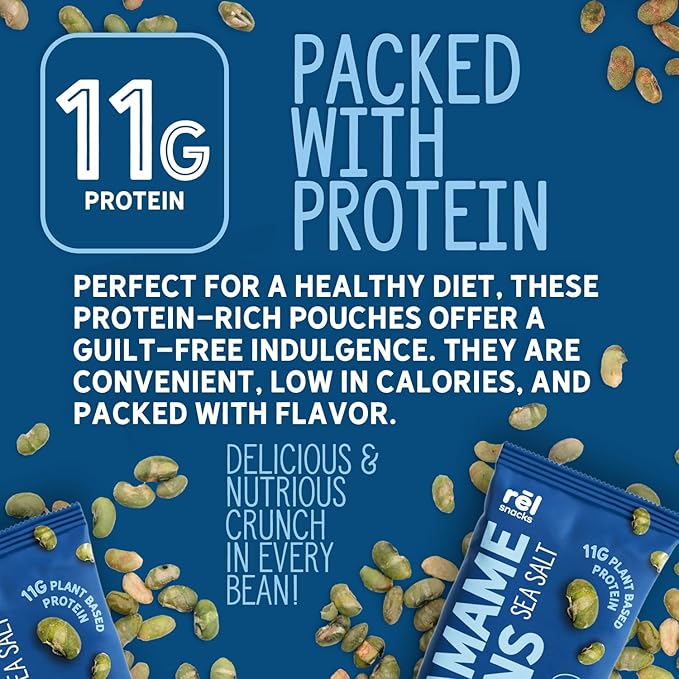 Rēl Snacks Sea Salt Roasted Edamame – High Protein Low Carb Snack (11g Protein per Serving) – Keto-Friendly, Vegan, Non-GMO – 10-Pack 0.9oz Bags