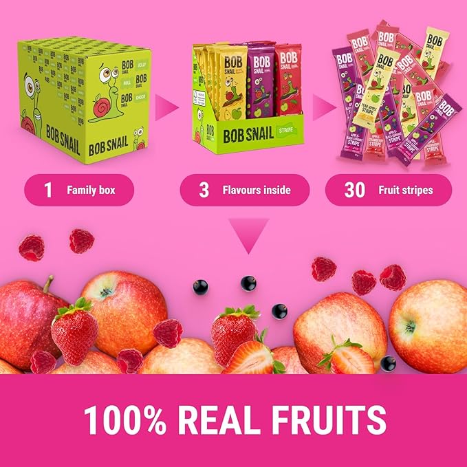 BOB SNAIL Healthy Fruit Snacks for Kids and Adults–30 Fruit Leather Snacks with Apple-Pear, Strawberry, Black Currant–Vegan Low-Carb Variety Pack Strips for Kids–Sugar Free Jerky Bars