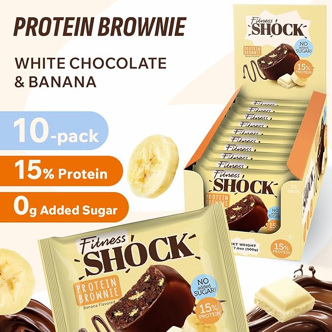 FitnesSHOCK Chocolate Brownie No Added Sugar, 15% Protein, satiating dietary fibre, Soft Texture, 10 Pieces, 50g - Banana Flavour