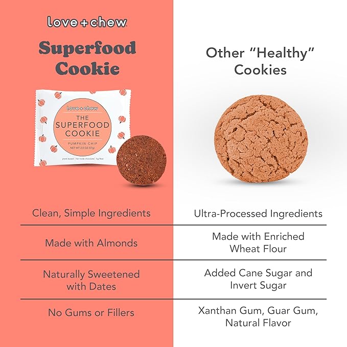 Love + Chew Superfood Soft Baked Vegan Cookies, Gluten Free, 7g Plant Based Protein Cookie, Healthy Snacks for Adults or Kids, Refined Sugar Free, Individually Wrapped, Pumpkin Chocolate Chip, 10 Pack