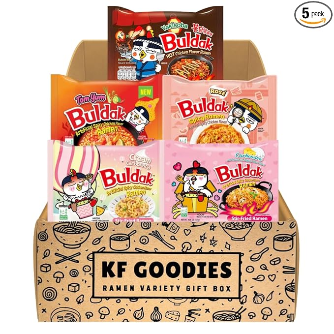 KF GOODIES Korean Ramen Variety Pack Gift Box (5 Count) – Spicy Buldak Noodle Assortment for Birthdays, College Care Packages, Office Snacks, and Gift Baskets