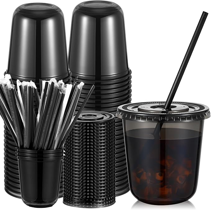 Ziliny 50 Sets Clear Plastic Cups with Lids and Straws, Disposable Iced Coffee Cups Drinking PET for Cold Drinks, Juice, Smoothie, Coffee Shops, Party, Christmas (Black,12 oz)