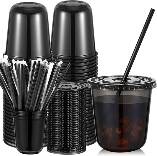 Ziliny 50 Sets Clear Plastic Cups with Lids and Straws, Disposable Iced Coffee Cups Drinking PET for Cold Drinks, Juice, Smoothie, Coffee Shops, Party, Christmas (Black,12 oz)
