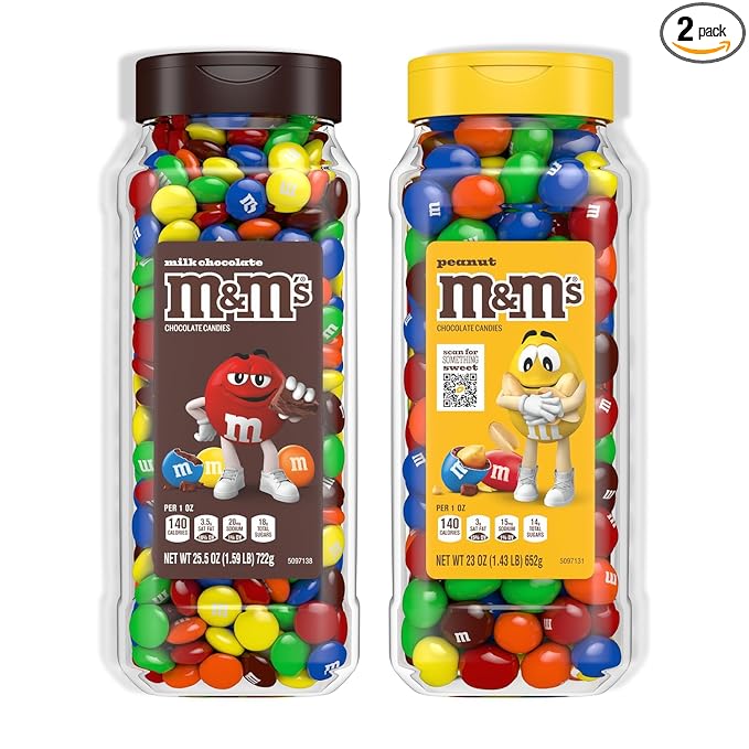 M&M’s Milk Chocolate and M&M’S Peanut Bulk Candy Jars, Assorted Chocolate Candies, Party Size Bulk Candy, Movie Night Snacks, Resealable and Recyclable, 48.5 Oz Total (Pack of 2)