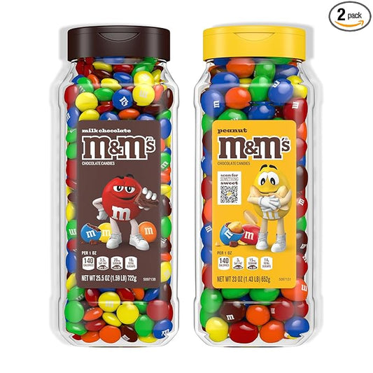 M&M’s Milk Chocolate and M&M’S Peanut Bulk Candy Jars, Assorted Chocolate Candies, Party Size Bulk Candy, Movie Night Snacks, Resealable and Recyclable, 48.5 Oz Total (Pack of 2)