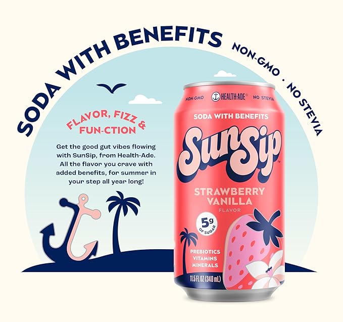 SunSip Prebiotic Soda With Benefits - Gut-Healthy Beverage with Vitamins and Minerals, 25 Calories, Soda Alternative, Naturally Sweetened with 5g of Sugar, 11.5 oz (12 Pack) Strawberry Vanilla