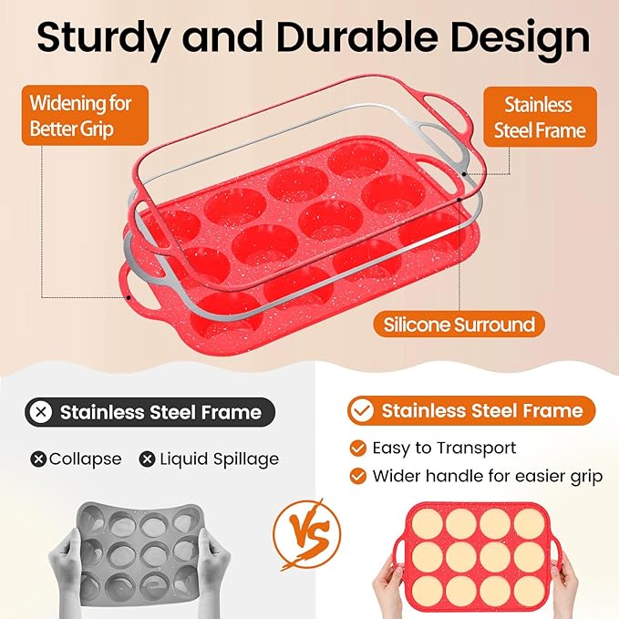 Fimary Silicone Muffin Pans for Baking, with Metal Reinforced Frame, Dishwasher Safe BPA Free Nonstick Silicone Cupcake Pan 12 Cups for Baking Homemade Muffins, Cupcakes - 2 Pack