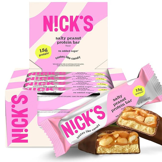 NICKS Protein Bars Salty Peanut Chocolate – 12-Count Box | 15g protein | 200 calories | Protein-Packed Snack, Low Calories, Low Carbs, Keto Friendly, No Added Sugar