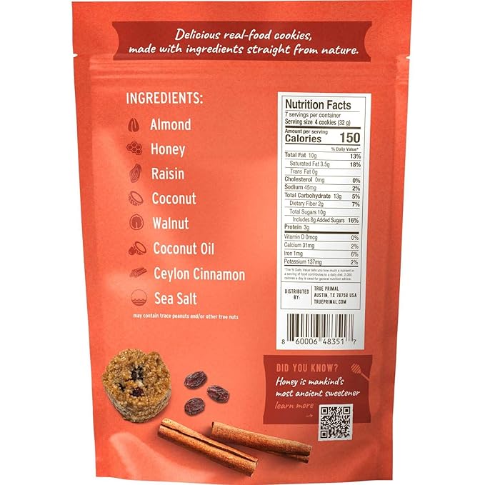 Ona Cinnamon Raisin Cookies 4-pack, Made with Honey, Ready to eat, Gluten free, Grain free, Dairy free, Paleo