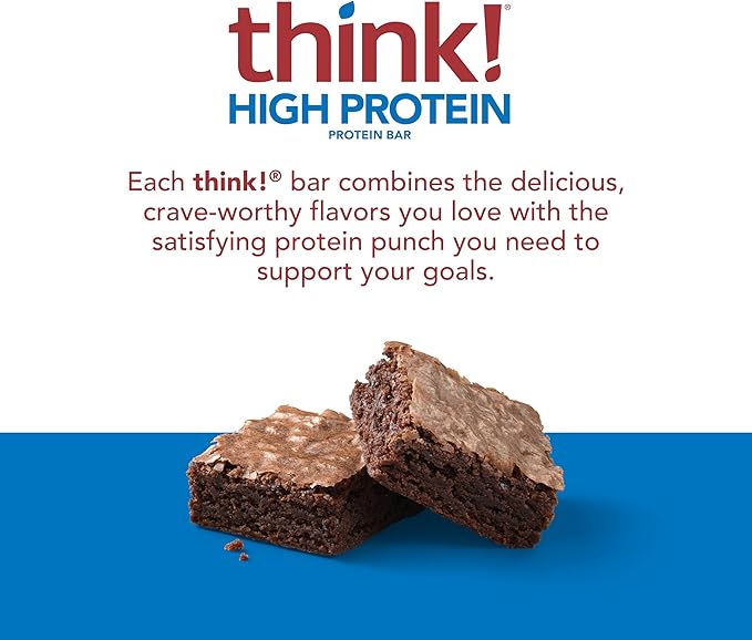 think! Protein Bars, High Protein Snacks, Gluten Free, Kosher Friendly, Brownie Crunch, Nutrition Bars, 2.1 Oz per Bar, 30 Count (Packaging May Vary)