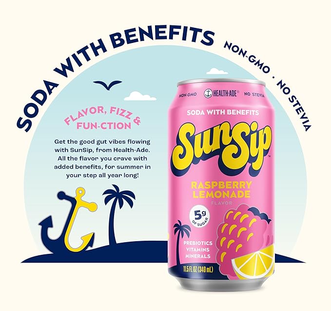 SunSip Prebiotic Soda With Benefits - Gut-Healthy Beverage with Vitamins and Minerals, 25 Calories, Soda Alternative, Naturally Sweetened with 5g of Sugar, 11.5 oz (12 Pack) Raspberry Lemonade