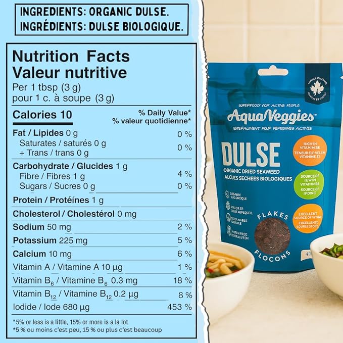 Aqua Veggies Organic Atlantic Dulse Flakes Large 2 Oz, Hand-Harvested, Sun-Dried Bay of Fundy, Excellent Source of Vitamins B6, B12, Iron, Iodine, Protein, Calcium and Fibre (Dulse Flake 56 Grams)