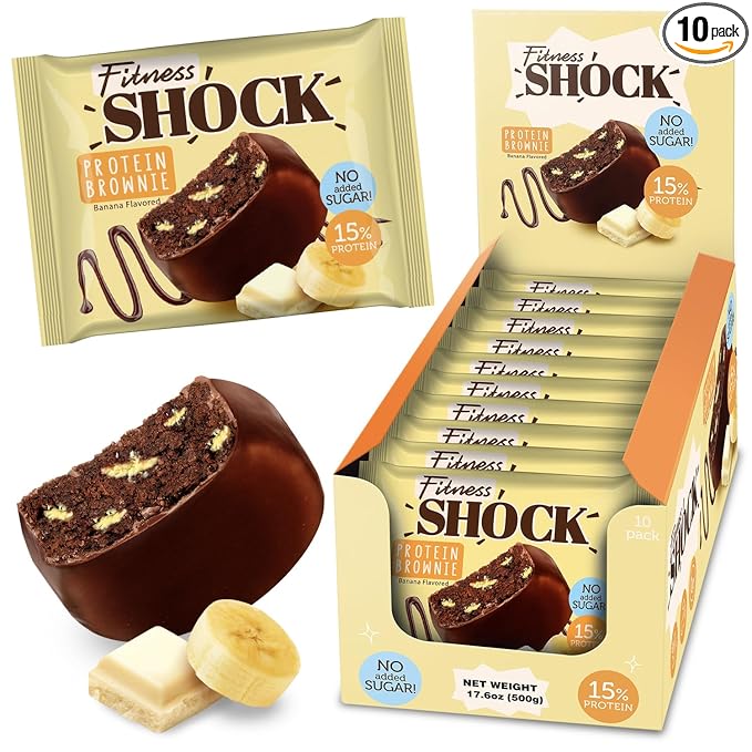 FitnesSHOCK Chocolate Brownie No Added Sugar, 15% Protein, satiating dietary fibre, Soft Texture, 10 Pieces, 50g - Banana Flavour