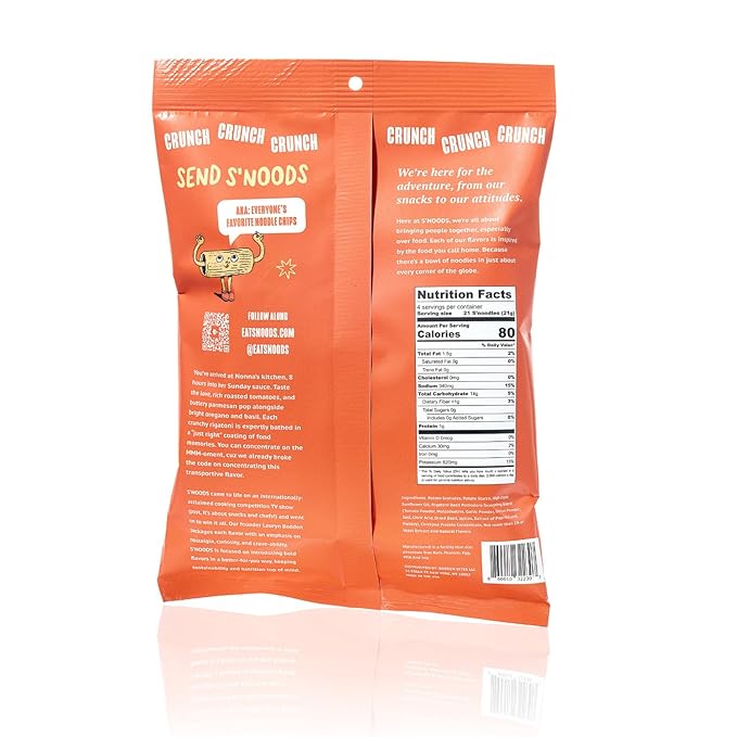 S’NOODS Rigatoni Basil Pomodoro Chips - Light & Crunchy Noodle Chips - Plant-Based Protein - Vegan Snacks - Gluten-Free - Perfectly Crispy & Delicious - For Adventurous Snackers - 3 oz (6 Pack)