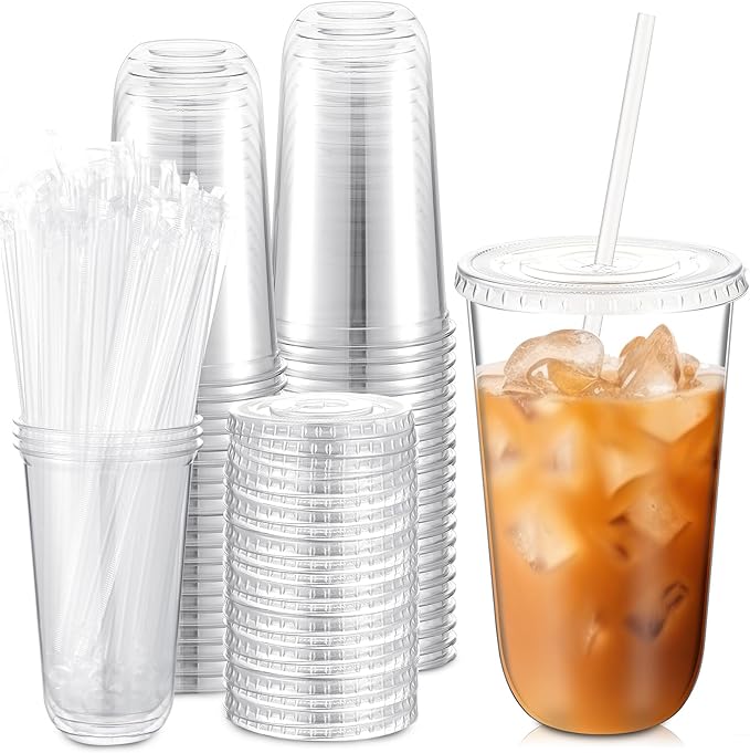 Ziliny 50 Sets Clear Plastic Cups with Lids and Straws, Disposable Iced Coffee Cups Drinking PET for Cold Drinks, Juice, Smoothie, Coffee Shops, Party, Christmas(Clear,18 oz)