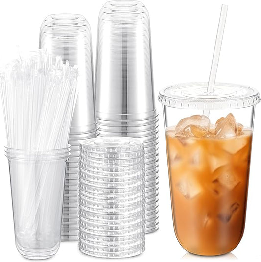 Ziliny 50 Sets Clear Plastic Cups with Lids and Straws, Disposable Iced Coffee Cups Drinking PET for Cold Drinks, Juice, Smoothie, Coffee Shops, Party, Christmas(Clear,18 oz)