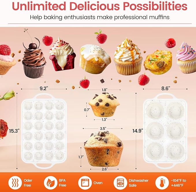 Fimary Silicone Muffin Pan with Metal Reinforced Frame - Mini Muffin Pan for Homemade Muffins, Cupcakes, and Bread, Oven and Dishwasher Safe - Set of 2, 6-Cup and 24-Cup