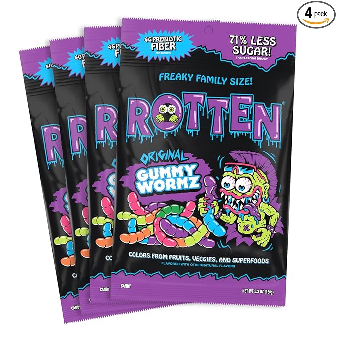Rotten Original Gummy Worms - Low Sugar, Low Calorie, 7g Gut-Friendly Prebiotic Fiber and 3g Protein, Gluten Free Candy - 5.3 oz Share Pack [4 Pack]