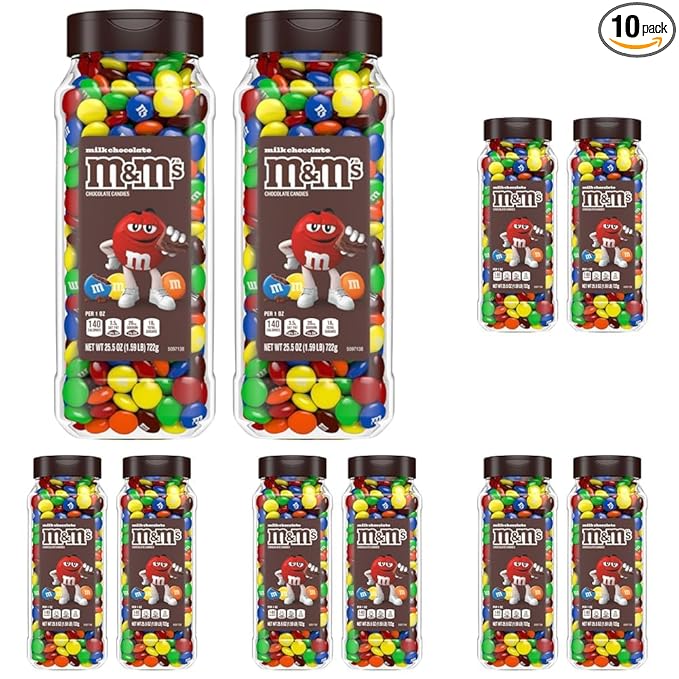 M&M’S Milk Chocolate Bulk Candy Jars, Assorted Chocolate Candies, Party Size Bulk Candy, Movie Night Snacks, Candy Buffet Chocolates, Resealable and Recyclable, 25.5 Oz Each (Pack of 10)