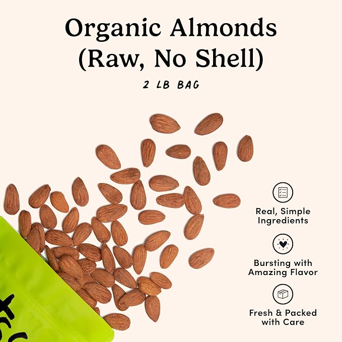 Nuts.com – Organic Almonds (Raw, No Shell) – 2 Lb Bag, Healthy Snack for Adults & Kids, Delicious Nutty Flavor – High Protein & Keto Friendly Food – Vegan, Gluten-Free & Kosher Pareve