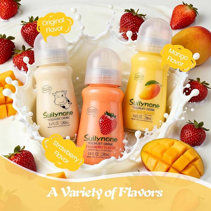 280ml Yogurt Drink Reusable Glass Bottle, 3-Pack Mixed Flavors Drinkable Yogurt - Fun Gift Box, Birthday & Holiday Present.（Valentines Day Gifts）