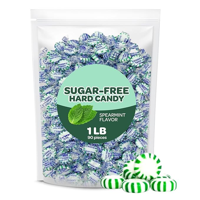 Sugar Free Mints - 1 lb (Aprox. 90 Count) - Sugar Free Hard Candy- Spearmint Candy -Zero Sugar Candy -Speamint Mints Individually Wrapped