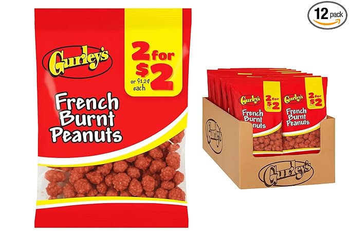 Gurley's Old Fashioned French Burnt Peanuts, Candy Coated Spanish Peanuts, Snack Size Bags, High Protein Treats (Pack of 12)