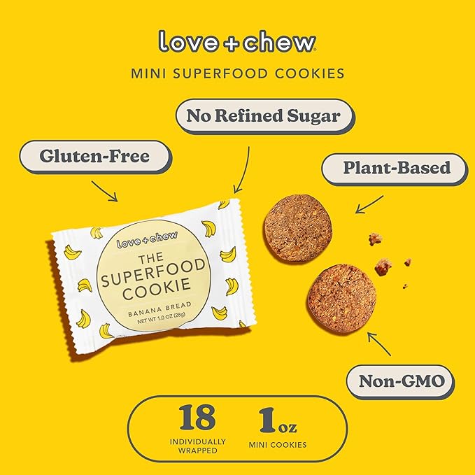 Love + Chew Superfood Soft Baked MINI Cookies, Banana Bread Flavor, Plant Based Cookie Made With Almonds, Chia Seeds, & Bananas for Kids and Adults, Vegan Snacks, Gluten Free, Paleo, Non GMO, 18 Pack