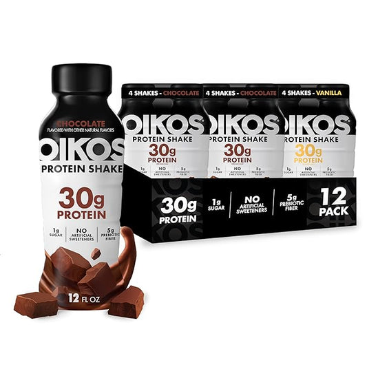 Oikos Protein Shake, Exclusive Variety Pack, 30g High Protein Drinks, Shelf Stable, Ready to Drink, 5g Prebiotic Fiber, 12 fl oz Bottle (8 ct Chocolate, 4 ct Vanilla)