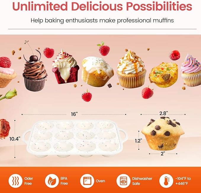 Fimary Silicone Muffin Pans for Baking 2 Pack, 2.8 Inch with Metal Reinforced Frame, Regular Size Nonstick Silicone Cupcake Pan 12 Cups for Baking Homemade Muffins, Cupcakes, Dishwasher Safe BPA Free