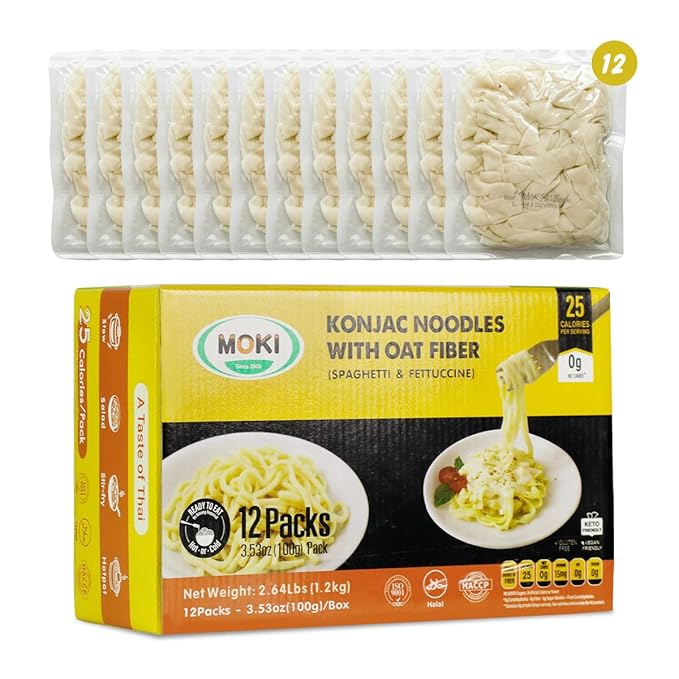 MOKI Wide Konjac Oat Fiber Noodles,Shirataki Thai Fettuccine,12 Pack Low-Calorie Shirataki Pasta, Keto & Paleo-Friendly, Gluten-Free, Vegan,Low-Carb,0-Fat, Oat Flavor from Thailand (42.36 oz,1200g)