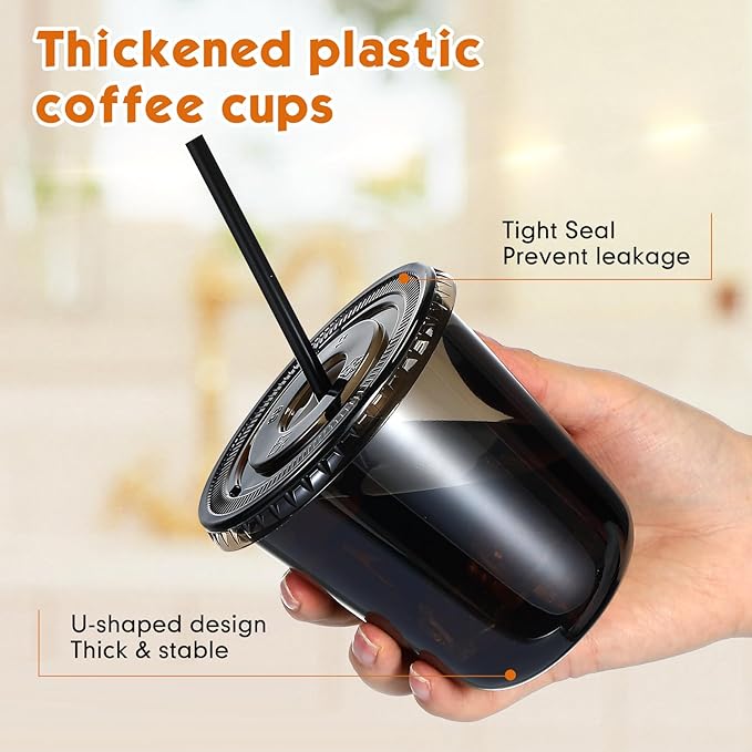 Ziliny 50 Sets Clear Plastic Cups with Lids and Straws, Disposable Iced Coffee Cups Drinking PET for Cold Drinks, Juice, Smoothie, Coffee Shops, Party, Christmas (Black,12 oz)