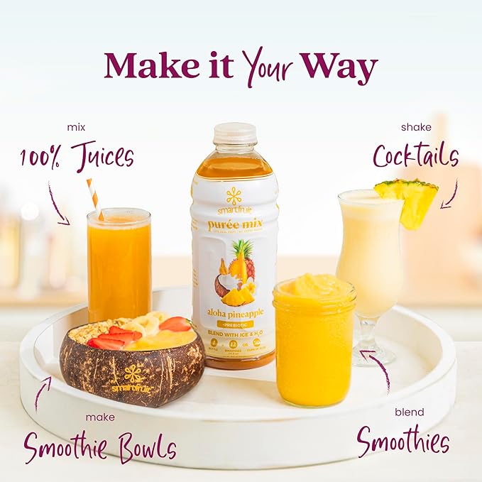 Smartfruit Aloha Pineapple + Prebiotic – 100% Real Fruit Purée with Pineapple, Banana, Apple & Coconut – Great for Smoothies, Juice, Yogurt, Cocktails, Teas – High in Vitamin A – 2-Pk, 48oz Each