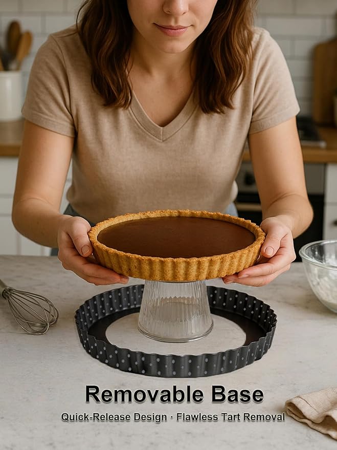Yamteck 9 Inch Perforated Tart Pan for Crispy Crust w/Cake Server. Removable Bottom, Non-Stick Coating, Rugged Carbon Steel for Tart Quiche Pie Baking. Gift for Christmas Thanksgiving Party