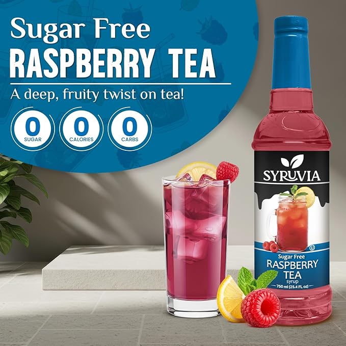 Syruvia Sugar Free Raspberry Tea Flavored Syrup for Drinks, Cocktails, Lemonades, Iced Teas and Desserts – 25.4 fl oz