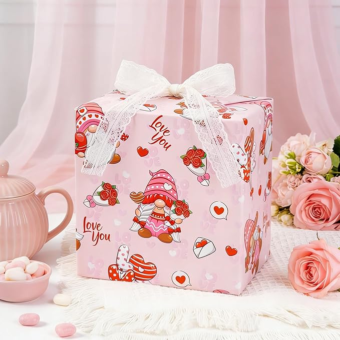 Homeral Pink Valentine's Day Wrapping Paper - Mini Roll - 17 Inch x 33 Feet - Bouquet Goblin and LOVE Balloon & Heart Reversible Gift Wrap for for Wedding, Anniversary, Bridal Shower, Birthday, Party