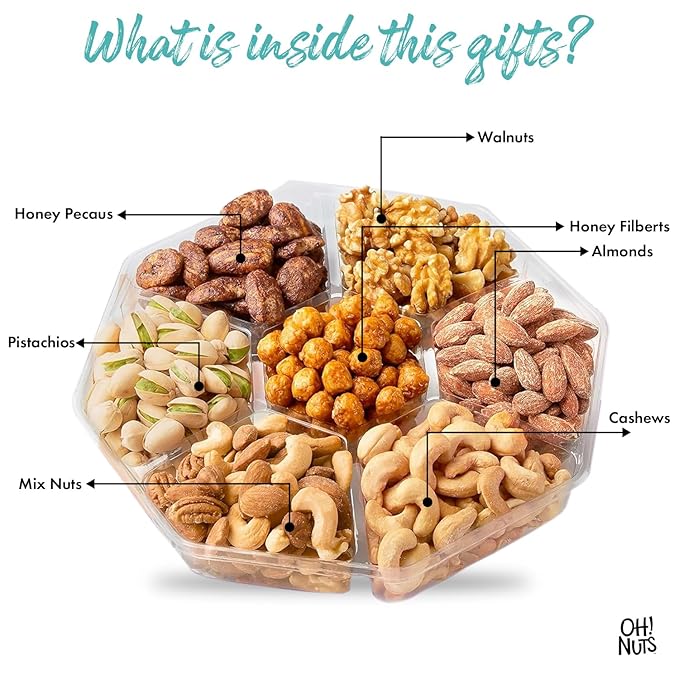 Oh! Nuts 7 Variety Nuts Gift Basket - Healthy Food Assorted Nuts Gifts Baskets - Holiday Gourmet Gift Boxes - Gift Box Ideas for Birthday, Corporate, Men and Women - Premium