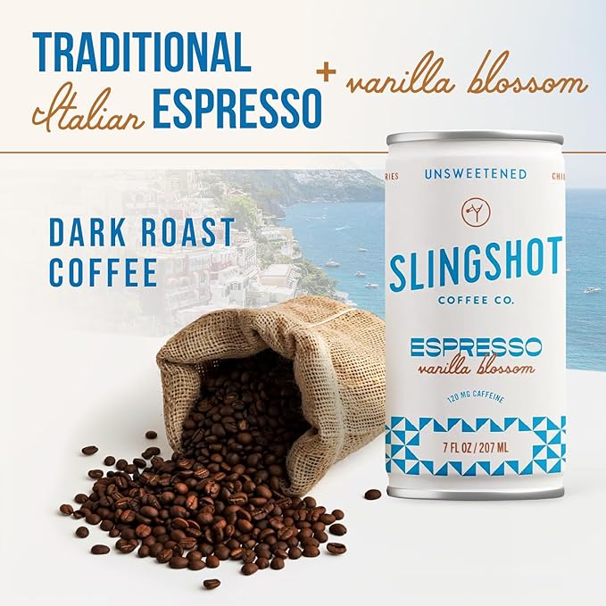 Chilled Espresso - Vanilla Blossom Ready-to-Drink Coffee, 7oz Cans (12 Pack) | Organic Italian Espresso Blend with Smooth Vanilla, with Notes of Caramel, Baking Spice & Dark Fruit