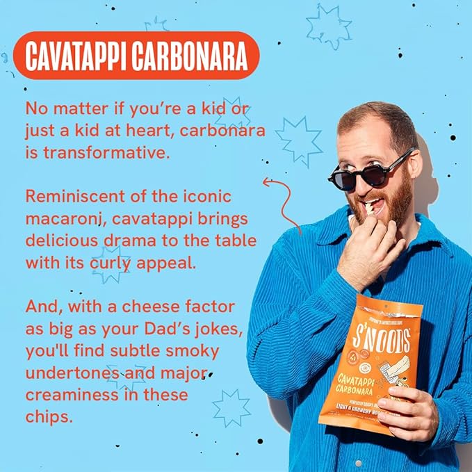 S’NOODS Cavatappi Carbonara Chips - Light & Crunchy Noodle Chips - Plant-Based Protein - Vegan Snacks - Gluten-Free - Perfectly Crispy & Delicious - For Adventurous Snackers - 0.74 oz (12 Pack)