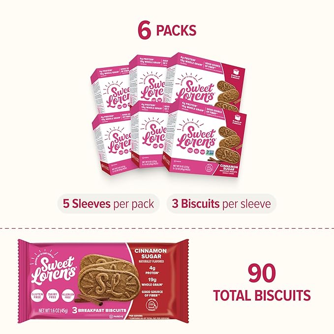 Sweet Loren's Vegan Breakfast Biscuits | Cinnamon Sugar | 4g Protein, 19g Whole Grains | Plant Based, Gluten Free, Dairy Free, Nut Free Snacks | 6 Pack (30 Total Biscuits, 1.6 ounce each)