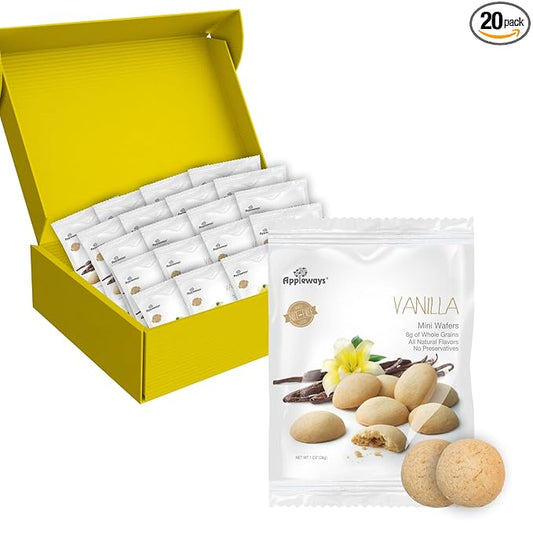 Mini Vanilla Wafers Cookies 20 Count (1 oz Each) - Individually Wrapped Kids Snacks, Whole Grain & Nut-Free Adult Snack Packs, Smart Snack Approved, Bulk Snacks for Schools, Grab & Go by Appleways