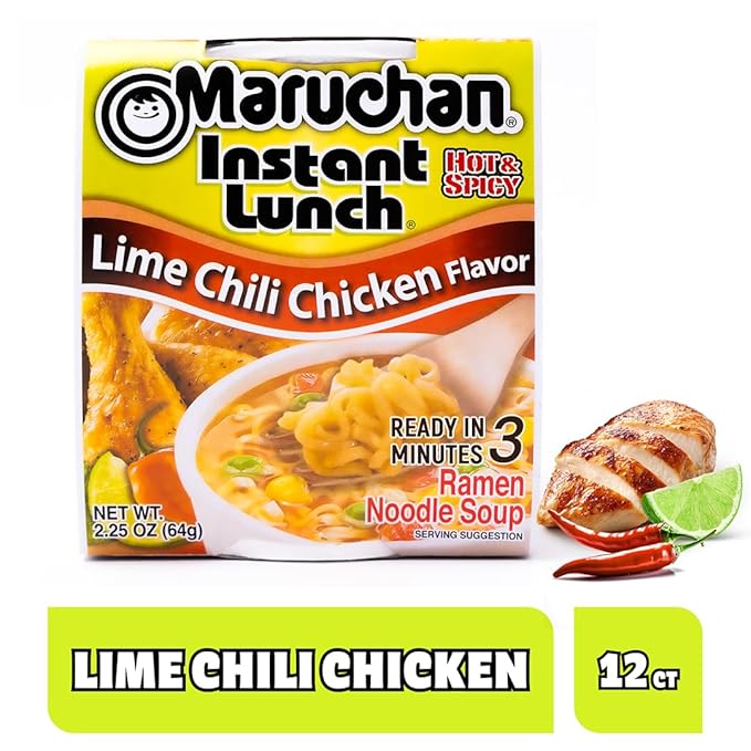 Maruchan Instant Lunch Ramen Noodles, Lime Chili Chicken Flavor – Japanese-Style Instant Noodle Soup, Quick & Easy Meal – 2.25 Oz Cup, Pack of 12