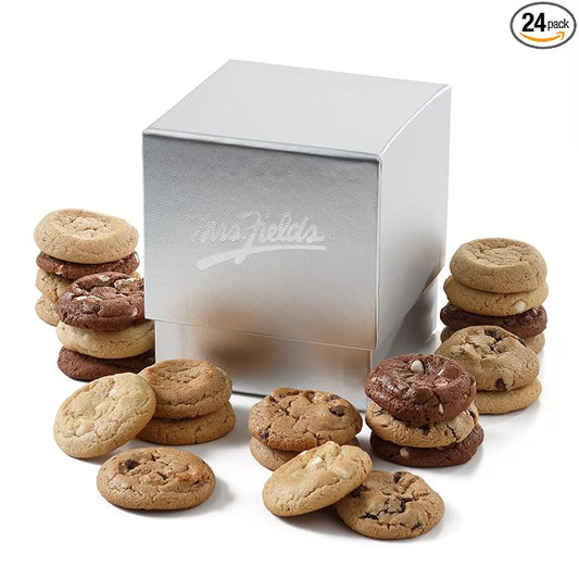 Mrs. Fields Silver Mini Cookie Box - Assorted with 24 Nibblers Bite-Sized Cookies in 4 Signature Cookie Flavors