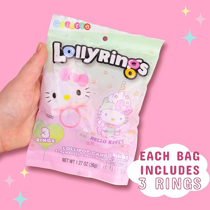 Hello Kitty Lollipop Rings, Strawberry and Fruit Punch Flavored Suckers, Themed Party Favors, 3 Count Bag, 1.27 Ounces (3 Pack)