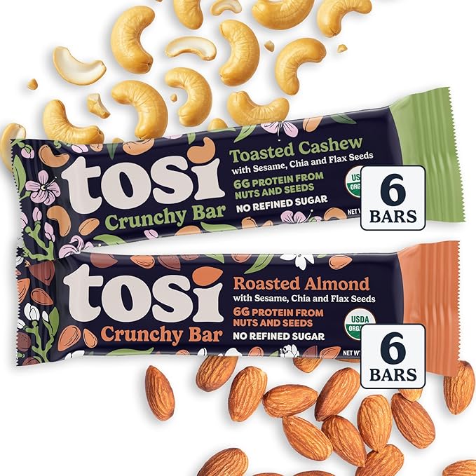 Tosi Almond and Cashew Protein Bars Combo, Plant Based with Nuts, Gluten-Free Crunchy Snacks, Vegan, Organic, Flax & Chia Seeds, Soy-Free, Omega 3s, 5G Protein, 1 oz, 12-Pack