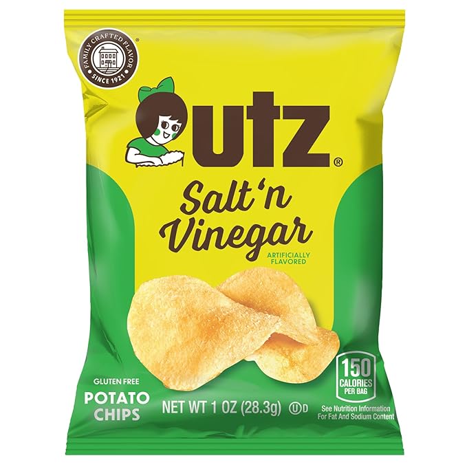 Utz Salt & Vinegar 1 oz. Bags, 42 Count Crispy Fresh Potato Chips, Crunchy Individual Snacks to Go, Cholesterol, Trans-Fat & Gluten Free