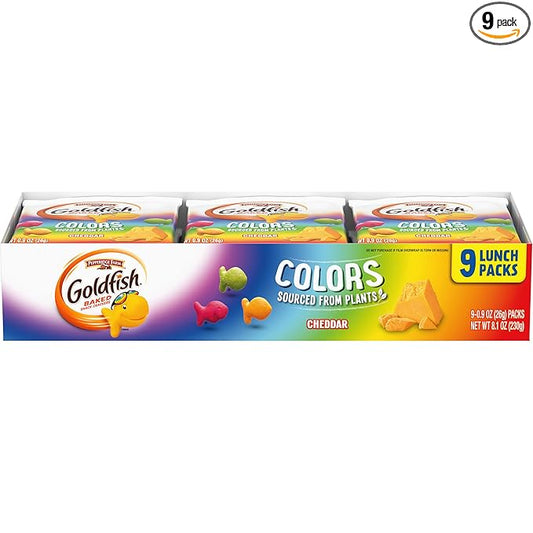 Goldfish Colors Cheddar Crackers, Snack Pack, 0.9 oz, 9 CT Multi-Pack Tray