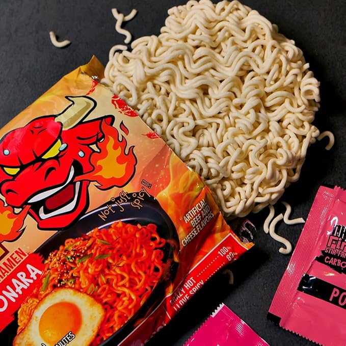 [Fire Bull Ramen] Intense Spicy Carbonara Stir-Fried Ramen | Authentic Korean Heat Meets Flavorful Delight | Thick, Chewy Noodle (4 Pouches)