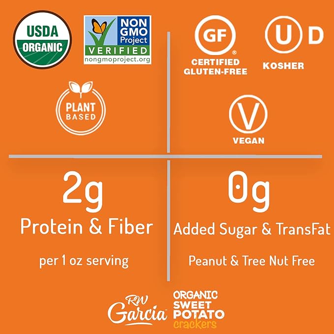 RW Garcia Organic Sweet Potato Crackers, Gluten Free, 5.5oz Boxes, 6 Pack