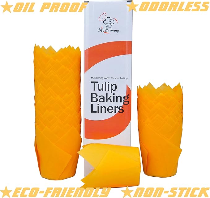 MyBakning Orange color Large size Tulip Baking Cups 2-1/4"(Base diameter) x 4"(Wall height) Parchment paper baking cupcake Muffin liners, Case of 130 pcs